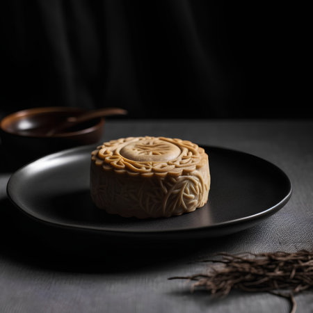 Moon cake in black plate on black background, Chinese mid autumn festival foodの素材