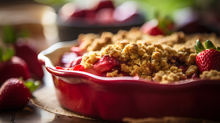 Homemade strawberry crumble in a baking dish. Selective focus.の素材