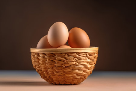 Eggs in a basket on a brown background. 3d renderingの素材