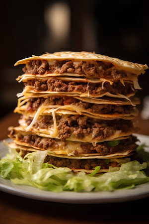 Stack of lasagna with beef and cheese on a white plate.の素材