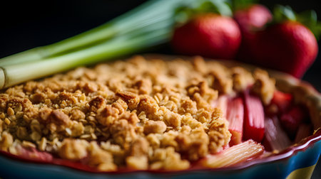 Homemade rhubarb crumble with fresh strawberries, selective focus.の素材