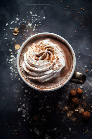 Cup of hot chocolate with whipped cream and chocolate candies on dark backgroundの素材