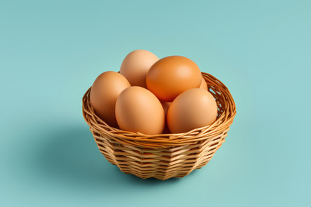 Chicken eggs in a basket on a blue background. 3d renderingの素材