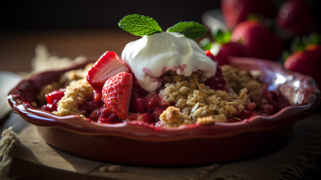 Strawberry crumble with whipped cream and granola. Selective focus.の素材