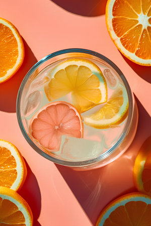 top view of glass of lemonade with slices of orange and grapefruit on pink backgroundの素材