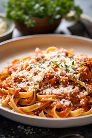 Pasta bolognese with tomato sauce and parmesan cheeseの素材