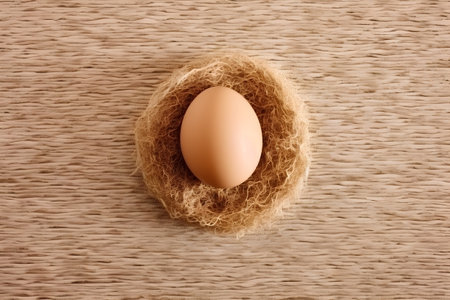 Chicken egg in nest on wooden background, top view, copy spaceの素材
