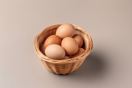Eggs in a basket on a gray background, top viewの素材