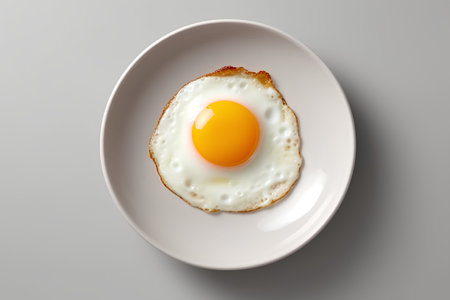Fried egg in a plate on a gray background. Top view.の素材