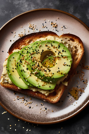 Toast with avocado, cream cheese and sesame seeds on a plateの素材