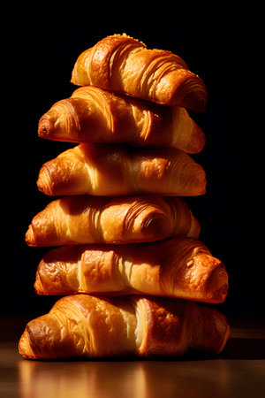 Stack of fresh croissants on black background. Toned.の素材