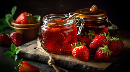 Strawberry jam in a glass jar and fresh strawberries on a dark backgroundの素材