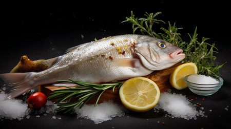 Fresh fish with lemon, rosemary and salt on a black backgroundの素材
