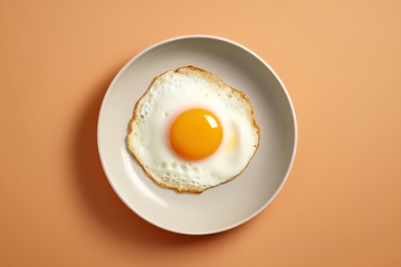Fried egg on a plate isolated on orange background. Top view.の素材