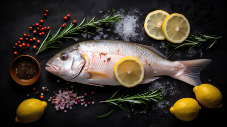 Fresh fish with lemon and rosemary on black background, top viewの素材