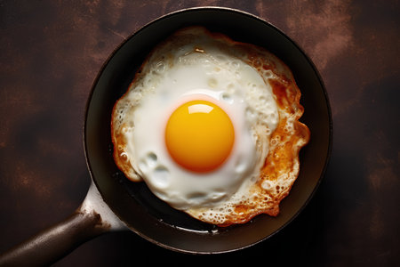 Fried egg in a frying pan on a brown background, top viewの素材