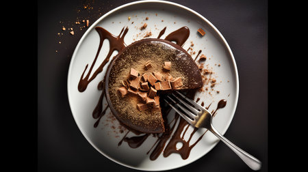 Piece of chocolate cake on white plate with fork on black backgroundの素材