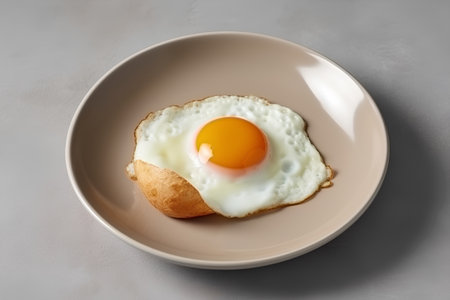 Fried egg on a plate on a gray background, top viewの素材