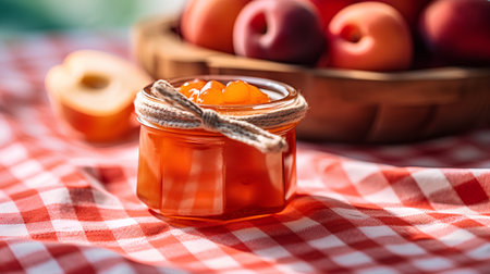 Apricot jam in a glass jar on a wooden background.の素材