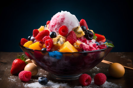 Fruit salad with ice cream in a bowl on a dark backgroundの素材