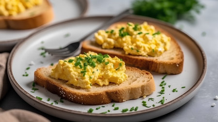 Scrambled eggs on toast with butter and herbs, selective focusの素材