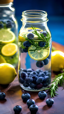 Detox water with blueberries, lemon and rosemary on wooden background.の素材