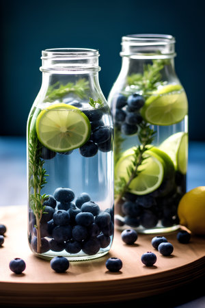Detox water with blueberries, lime, rosemary and ice in a glass jar on a blue background.の素材