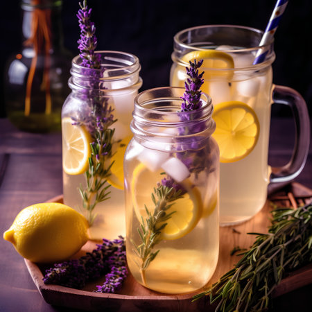 Lemonade with lavender, lemon and ice in glass jars on wooden backgroundの素材