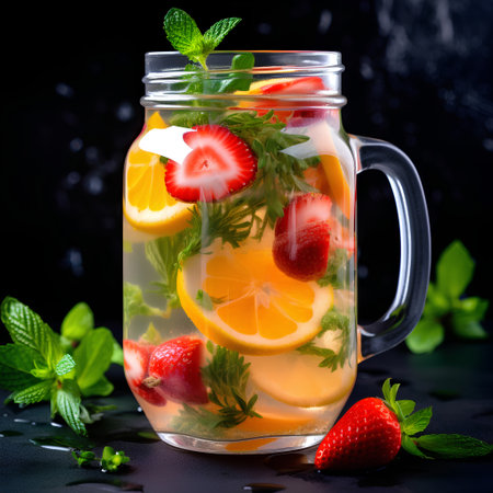 Refreshing summer drink with lemon, strawberry, mint and ice in mason jar on black backgroundの素材