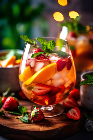 Refreshing summer sangria with strawberries, orange and mint in a glassの素材