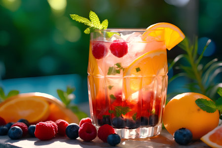 Refreshing summer cocktail with raspberries, blueberries and orangesの素材