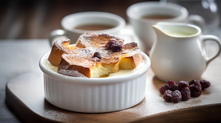 Cottage cheese cake with raisins and a cup of teaの素材