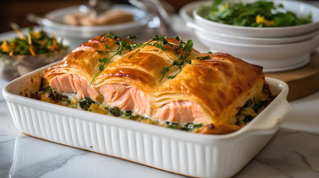 Baked salmon with spinach and feta cheese in baking dish.の素材
