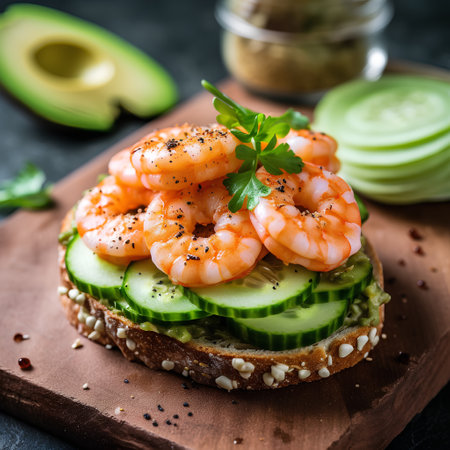 Sandwich with shrimps, cucumber and avocado on a wooden boardの素材