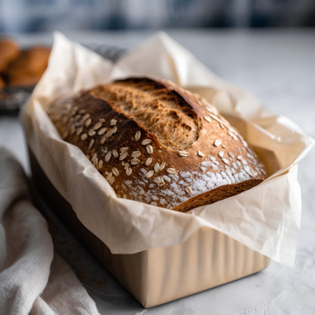 Freshly baked bread with sesame seeds on a light background.の素材