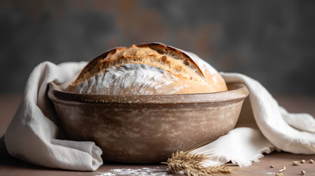 Freshly baked bread in a ceramic bowl on a wooden table.の素材