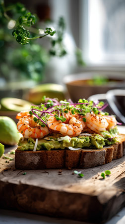 Avocado toast with shrimps, avocado and microgreensの素材
