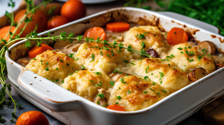 Potato gratin with mushrooms and cheese in a baking dish.の素材