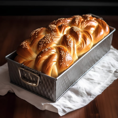 Sweet braided challah bread with sesame seeds on wooden tableの素材
