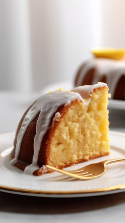 Lemon bundt cake on a white plate with a golden spoonの素材