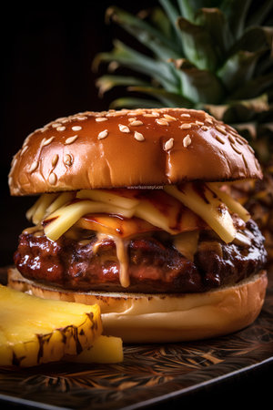 Cheeseburger with pineapple on a wooden background. Toned.の素材
