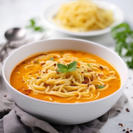 Carrot soup with pasta and herbs in a white bowl, selective focusの素材