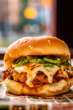 Cheeseburger with cheese and cucumber on a wooden tableの素材