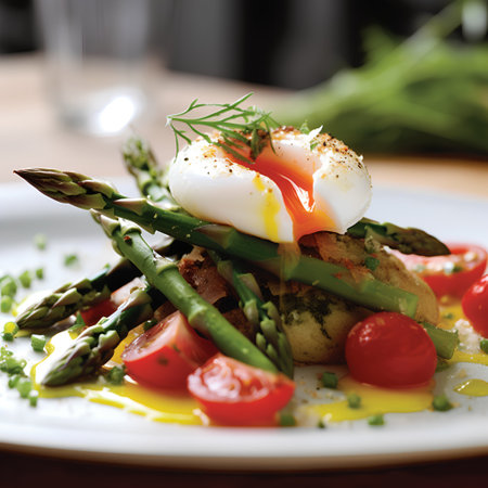Asparagus salad with poached egg, cherry tomatoes and green asparagusの素材