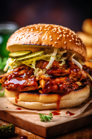 Burger with chicken and ketchup on a wooden board. Selective focus.の素材