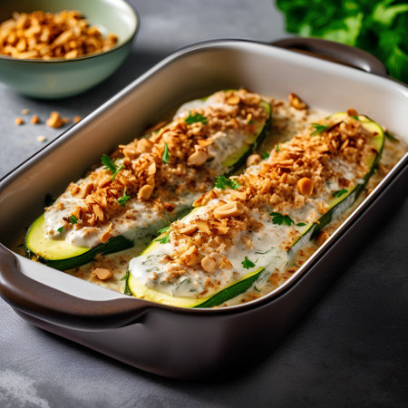 Zucchini casserole with yogurt sauce and parmesan cheese in baking dishの素材