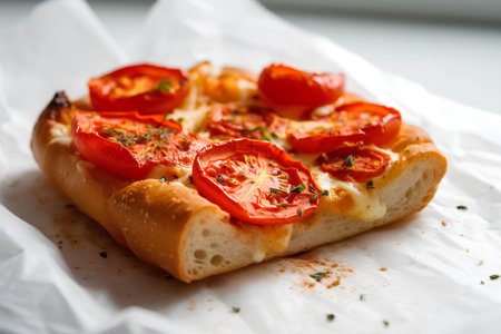 Italian focaccia with tomatoes and mozzarella cheese on white paperの素材