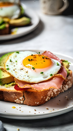 Healthy breakfast. Toast with avocado, fried egg and ham.の素材