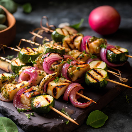 Grilled zucchini and onion skewers on rustic wooden boardの素材