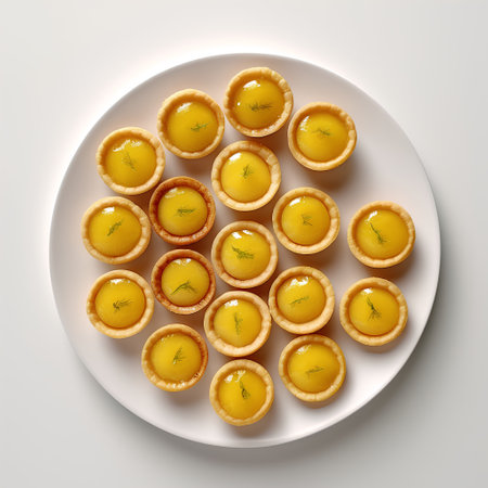 Lemon tartlets on white plate. Top view. Flat layの素材